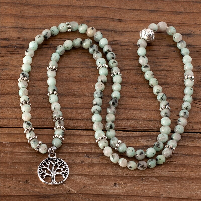 Natural Kiwi Jasper Stone 108 Mala Beads Necklace / Bracelet