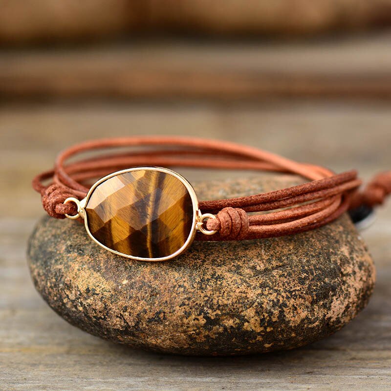 Natural Tiger Eye Leather Wrap Bracelet