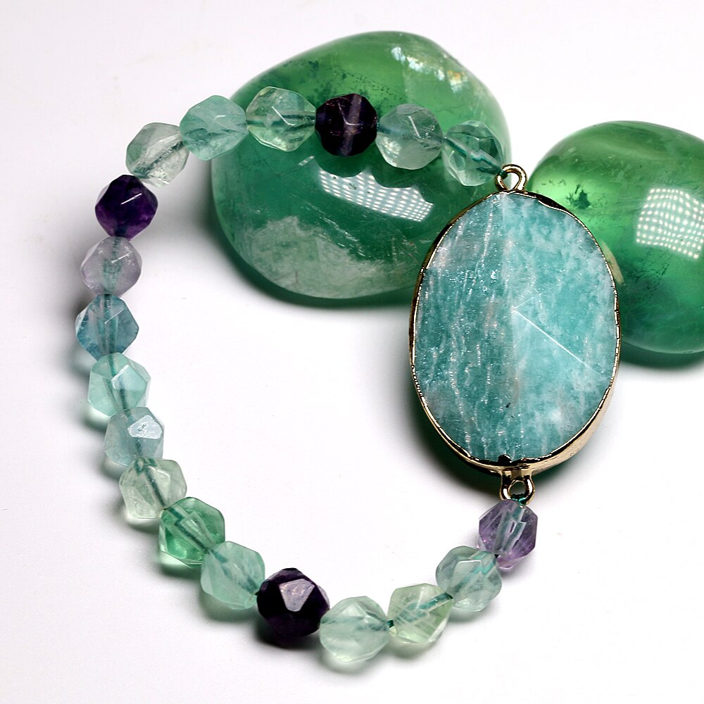 Natural Rainbow Fluorite & Amazonite Beaded Bracelet