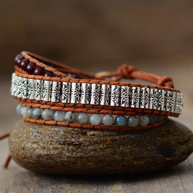 Natural Garnet & Labradorite Leather Wrap Bracelet