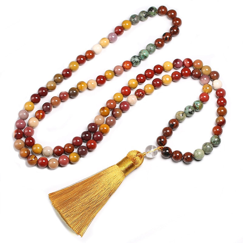 108 Natural Mahogany Obsidian, Mookaite Jasper, African Turquoise Beads Mala Necklace / Bracelet