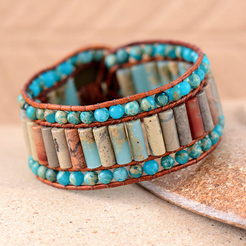 Natural Imperial Jasper Cuff Leather Bracelet