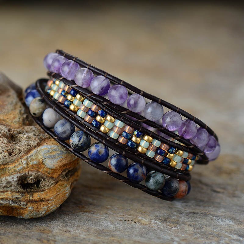 Natural Amethyst & Lapis Lazuli Leather Wrap Bracelet