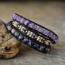 Load image into Gallery viewer, Natural Amethyst &amp; Lapis Lazuli Leather Wrap Bracelet
