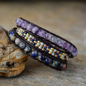 Natural Amethyst & Lapis Lazuli Leather Wrap Bracelet