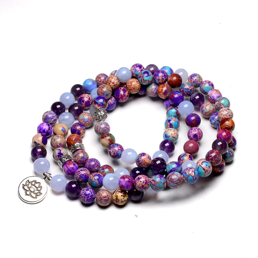 Natural Light Blue Agate, Purple Jasper & Amethyst 108 Mala Beads Necklace / Bracelet