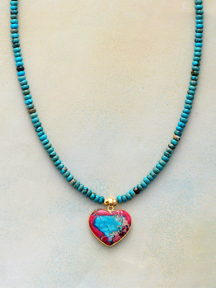 Natural Labrdorite / Turquoise Jasper Beaded Necklace with Heart Pendant