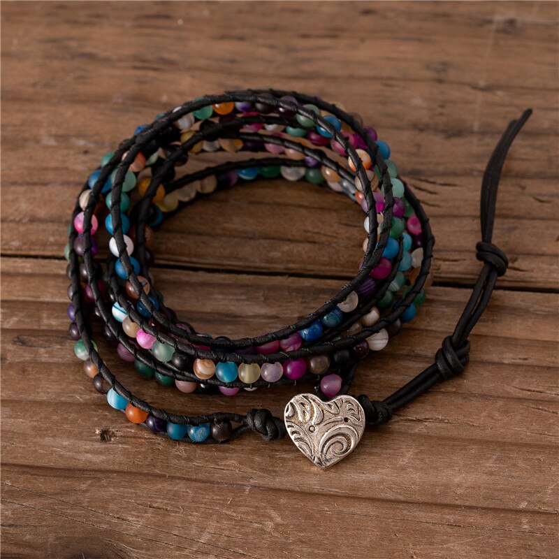 Natural Multicoloured Agate & Onyx Leather Wrap Bracelet