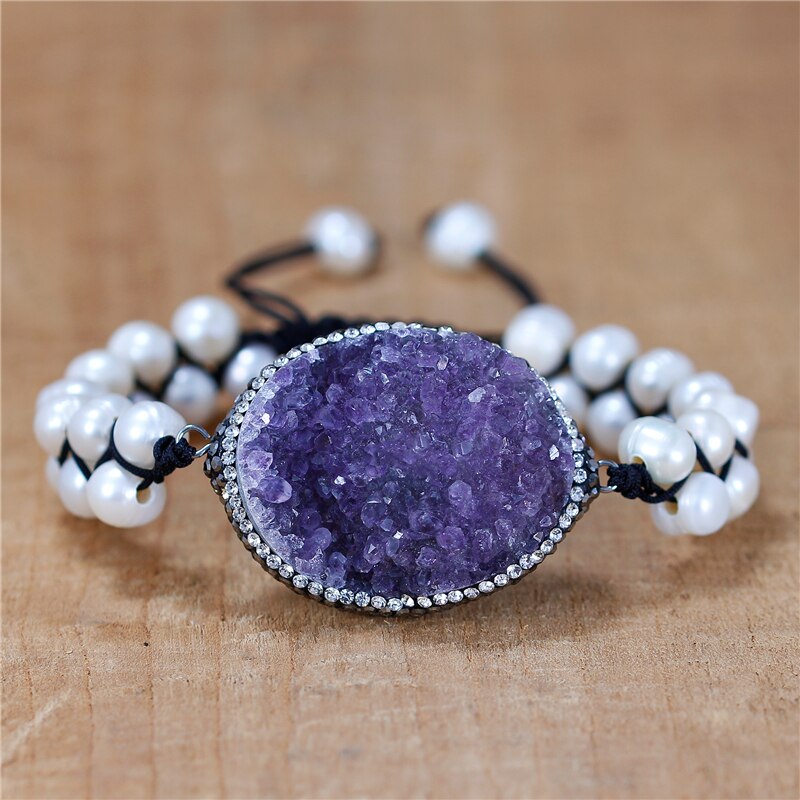 Natural Amethyst Druzy Charm & Freshwater Pearls Braided Bracelet