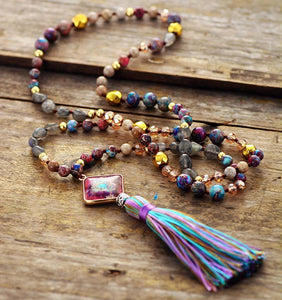 108 Natural Japers & Labradorite Beads Mala Necklace with Geometric Pendant