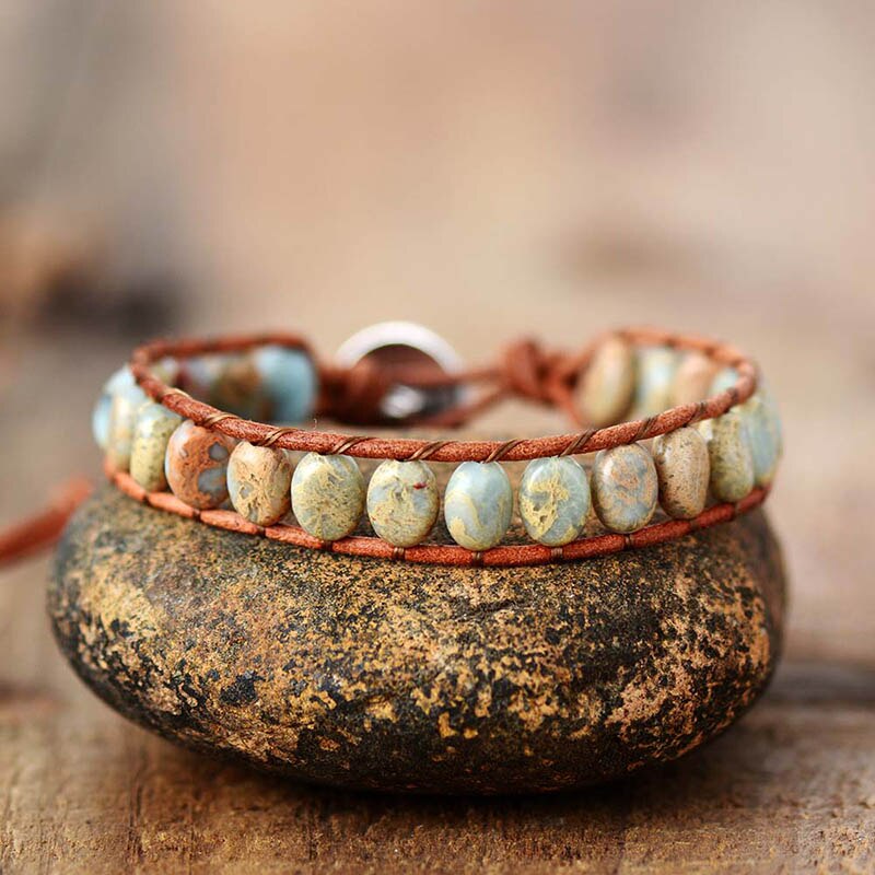 Natural Jasper Beads Leather Wrap Bracelet