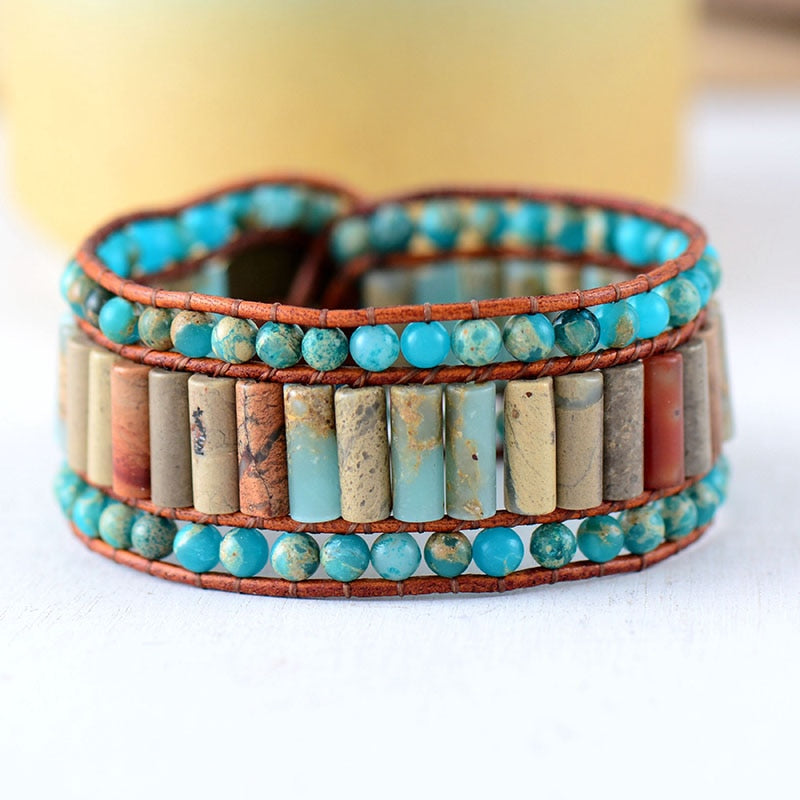 Natural Imperial Jasper Cuff Leather Bracelet