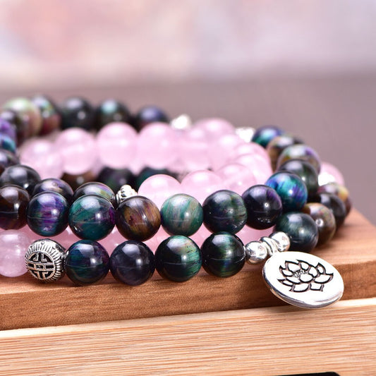 Natural Galaxy Tiger Eye & Rose Quartz 108 Mala Beads Necklace / Bracelet