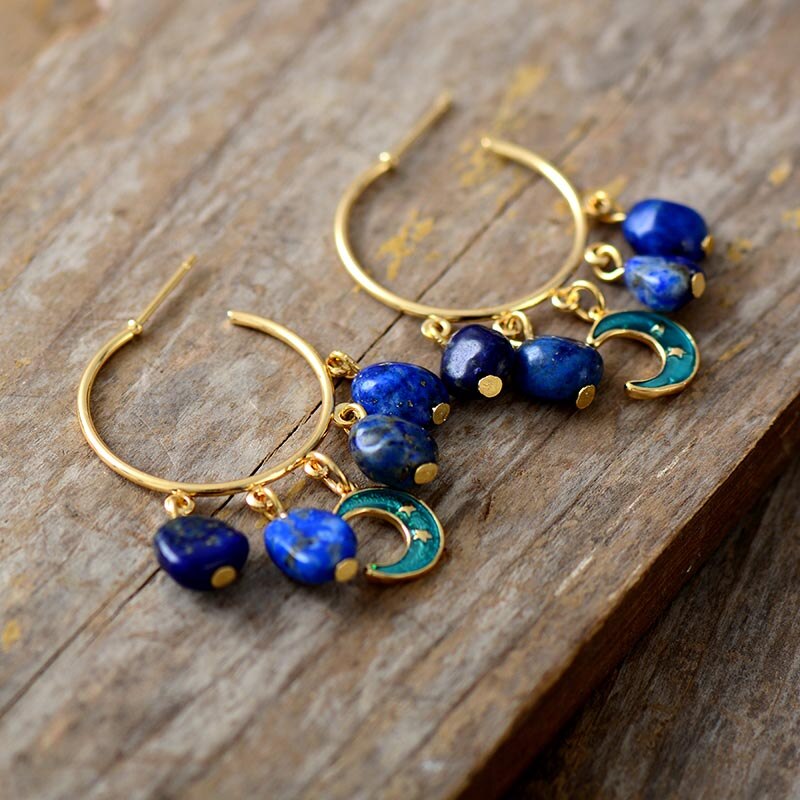 Natural Lapis Lazuli Good Night Moon Hoop Earrings