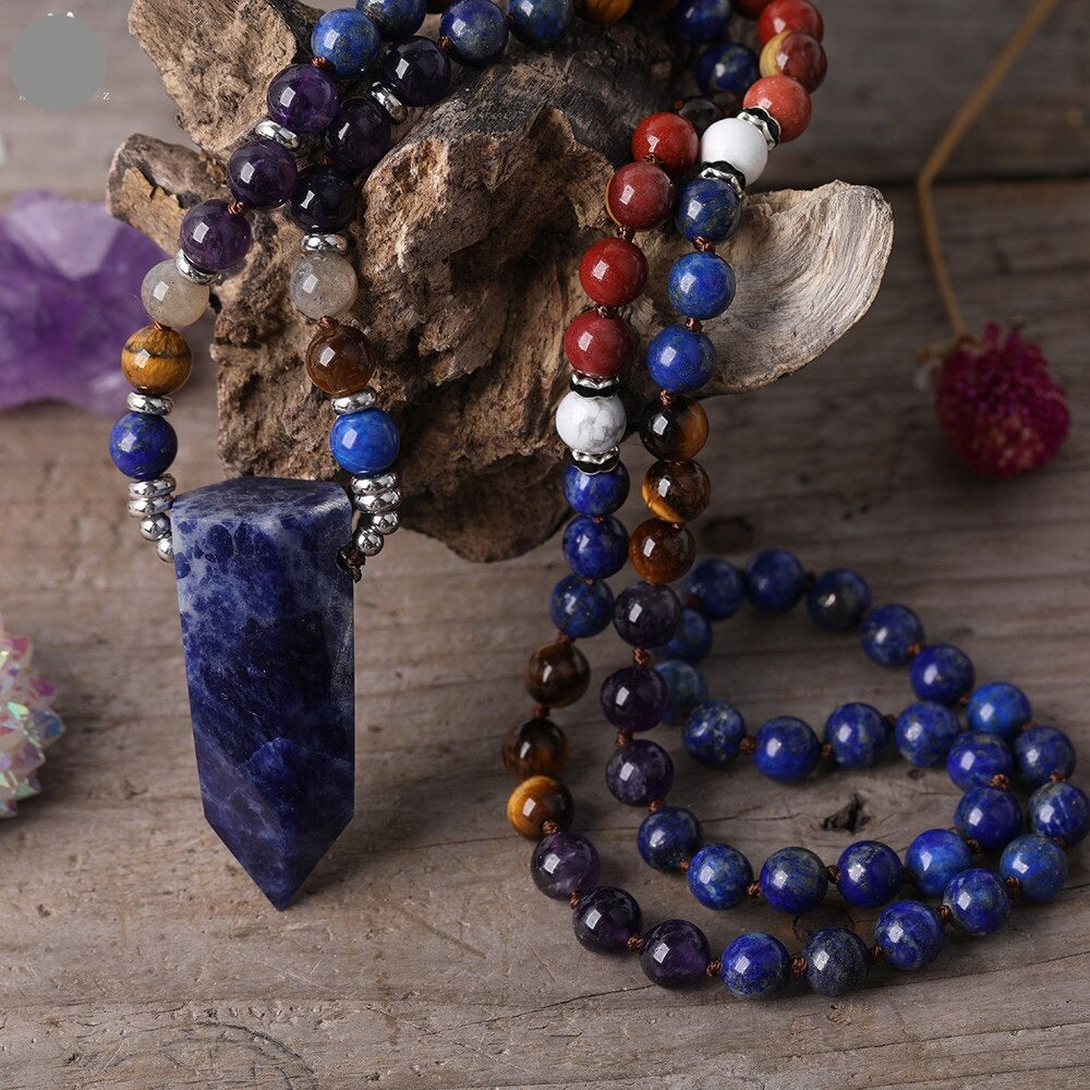 Natural Amethyst, Tiger Eye, Lapis Lazuli, Jasper Necklace with Sodalite Stone Pointed Pendant