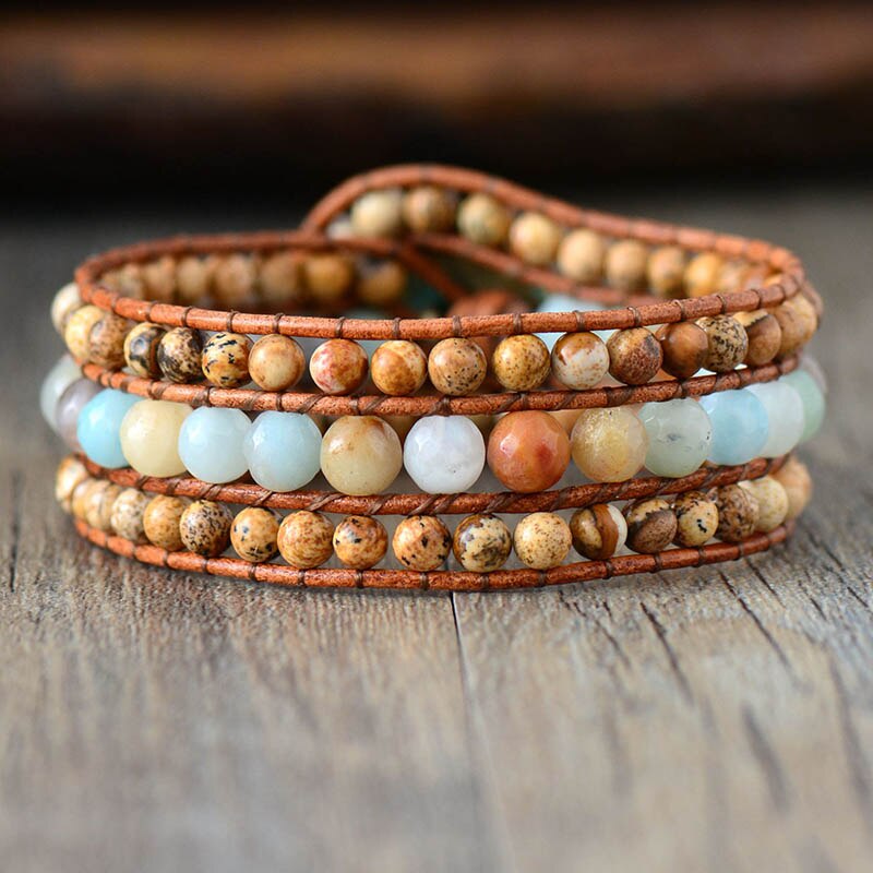 Natural Jasper & Agates Beads Cuff Leather Bracelet