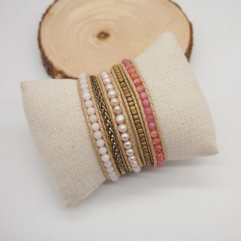 Natural Cherry Quartz & Freshwater Pearls Leather Wrap Bracelet