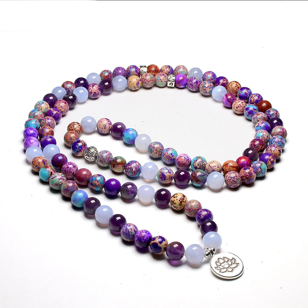 Natural Light Blue Agate, Purple Jasper & Amethyst 108 Mala Beads Necklace / Bracelet