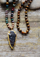 Load image into Gallery viewer, Natural Tiger Eye, Jasper, Agate &amp; Onyx Arrowhead Necklace
