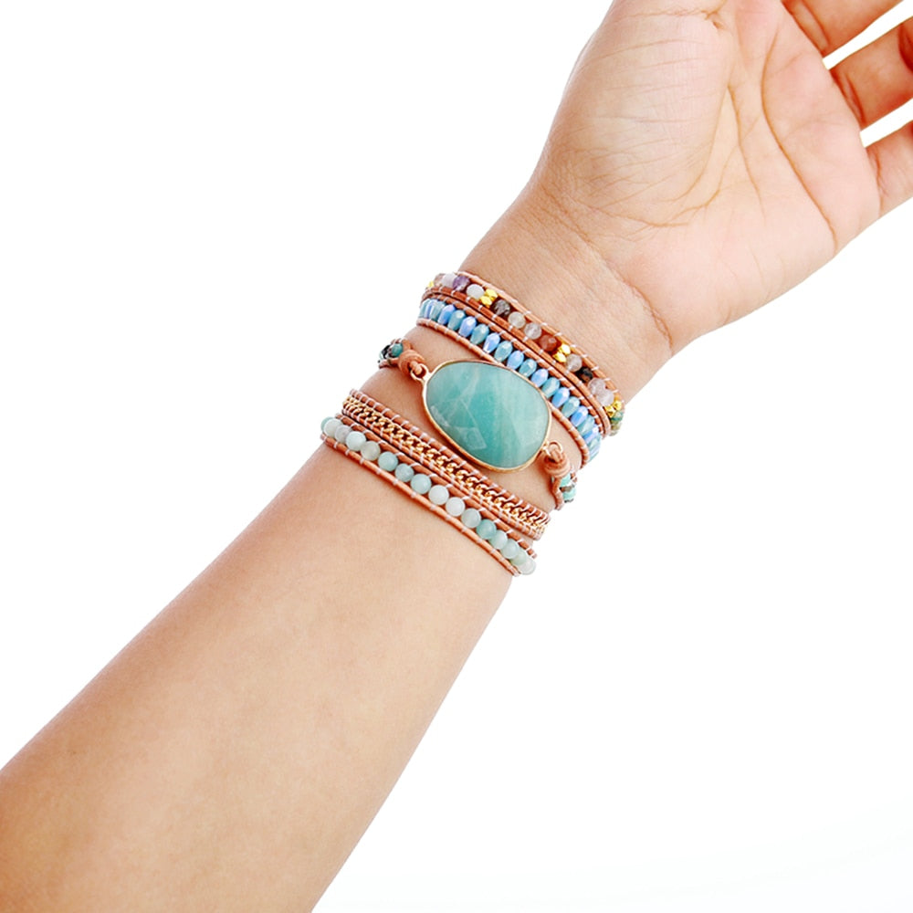 Natural Amazonite & Crystals Leather Wrap Bracelet