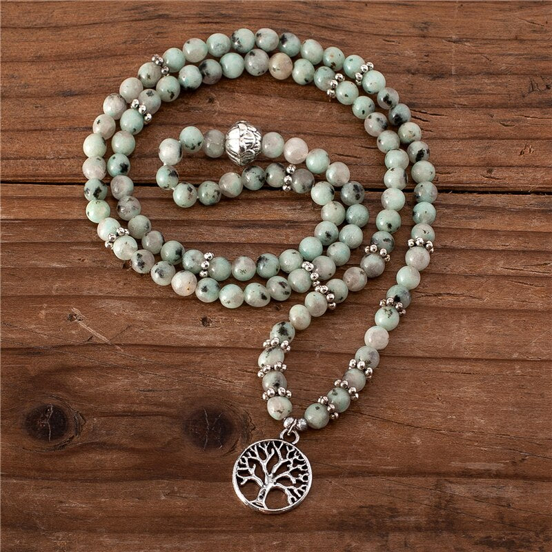 Natural Kiwi Jasper Stone 108 Mala Beads Necklace / Bracelet