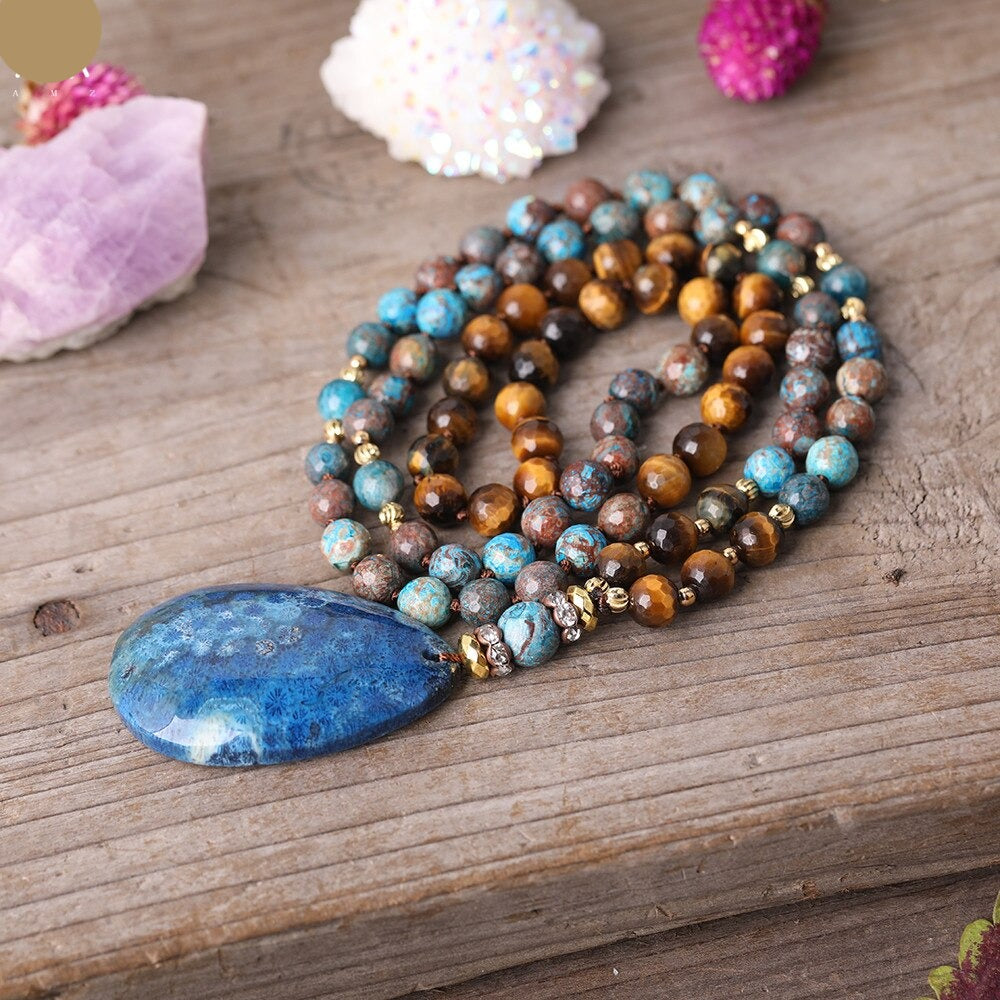 Natural Tiger Eye, Ocean Jasper Beaded Necklace with Fossil Flower Agate