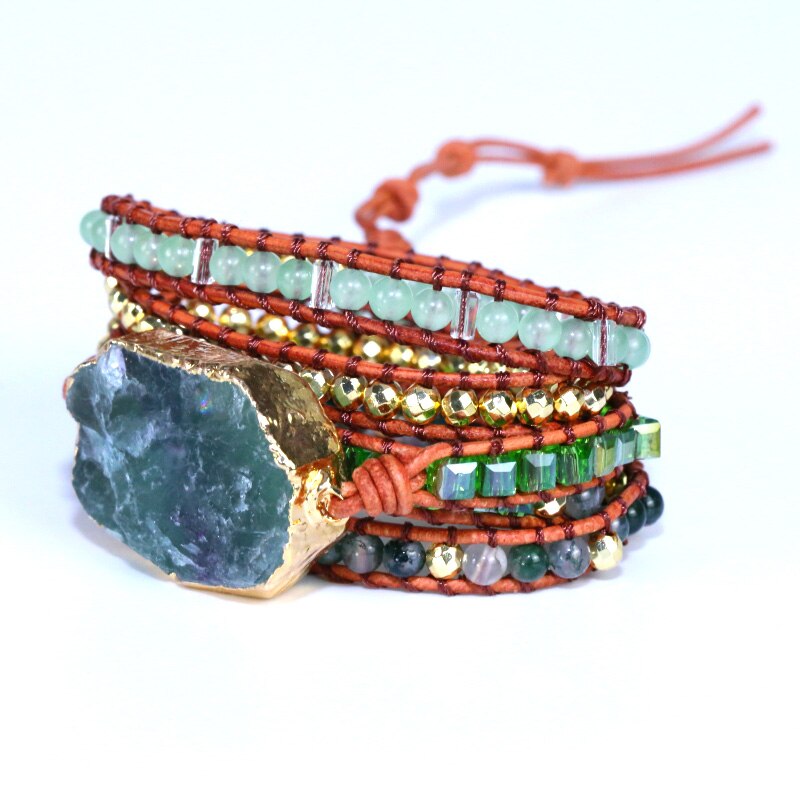 Natural Green Quartz, Aventurine & Agate Leather Wrap Bracelet