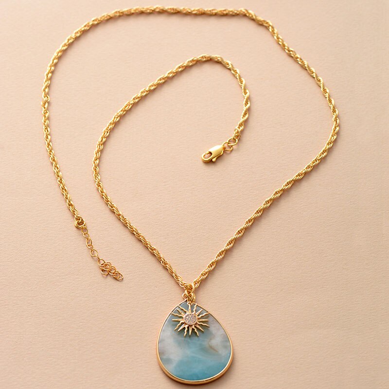 Natural Amazonite Teardrop Pendant & Golden Plated Necklace