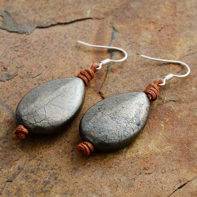 Natural Pyrite Leather Earring