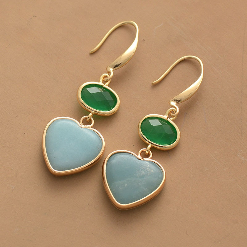 Natural Green Aura Quartz & Amazonite Heart Earrings