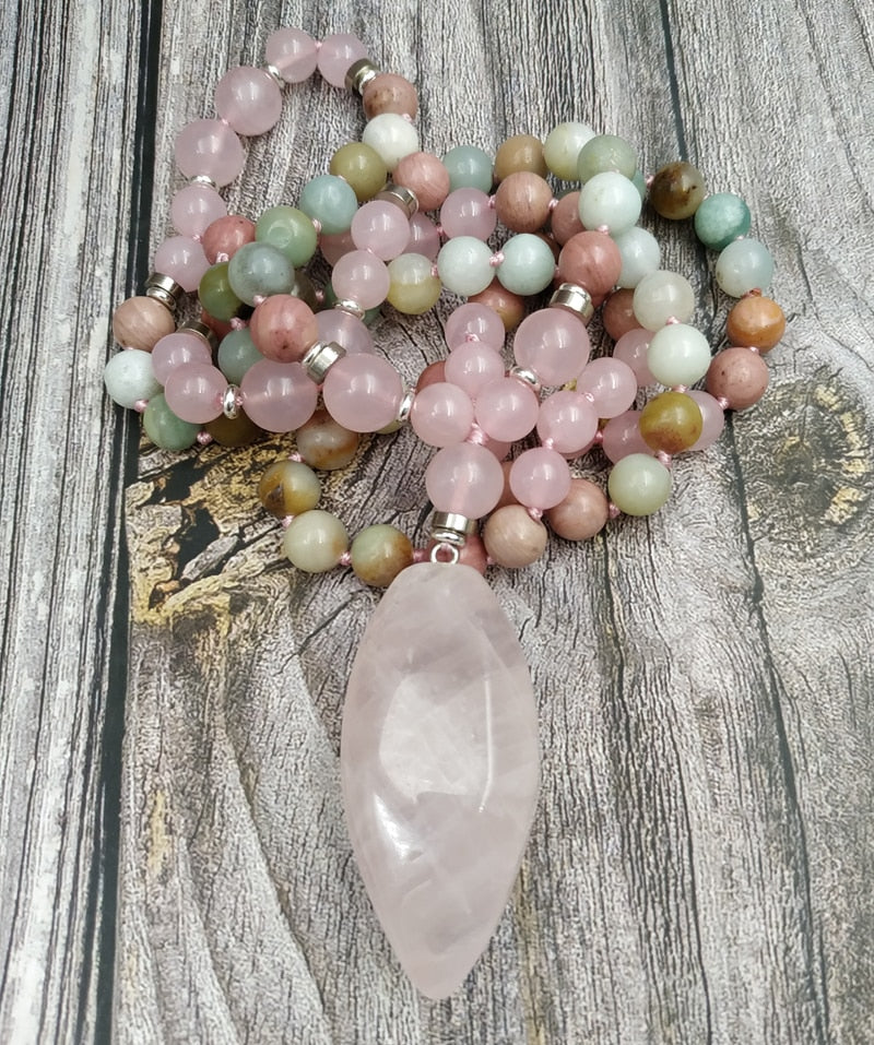 Natural Amazonite & Rose Quartz 108 Beads Mala Necklace