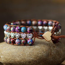 Load image into Gallery viewer, Natural Purple Jasper Stone Leather Wrap Bracelet with Hearts
