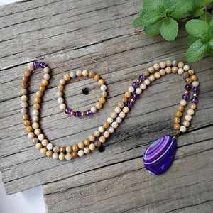 Rare 108 Natural Amethyst & Coral Jade Mala Bead Necklace with Purple Agate Pendant