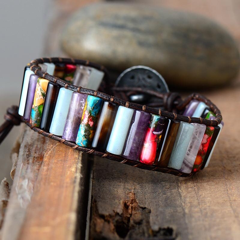 Natural Jasper, Amethyst, Aquamarine & Agate Leather Wrap Bracelet