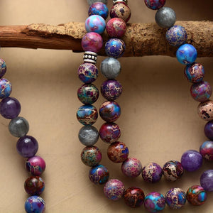 Natural Jasper, Amethyst & Labradorite 108 Mala Beads Om Necklace