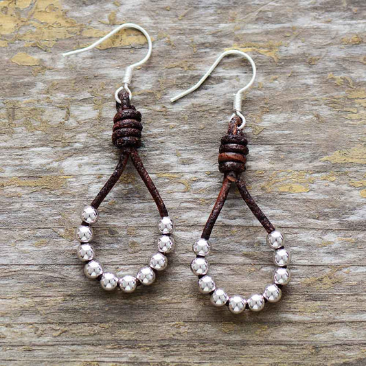 Natural Leather & Metal Beads Dangle Earrings