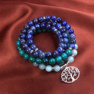 108 Mala Necklace with Natural Lapis Lazuli, Sodalite, Amazonite & Chrysocolla Beads
