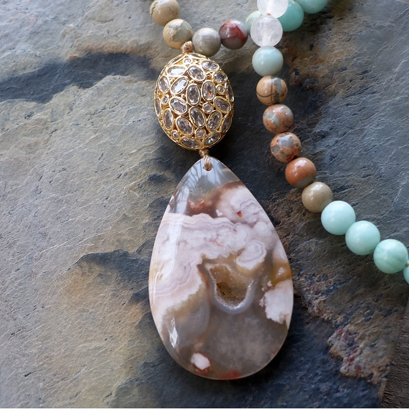 Natural White Quartz, Jasper, Amazonite & Sakura Agate Pendant Necklace