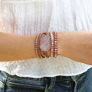 Natural Rose Quartz Leather Wrap Bracelet