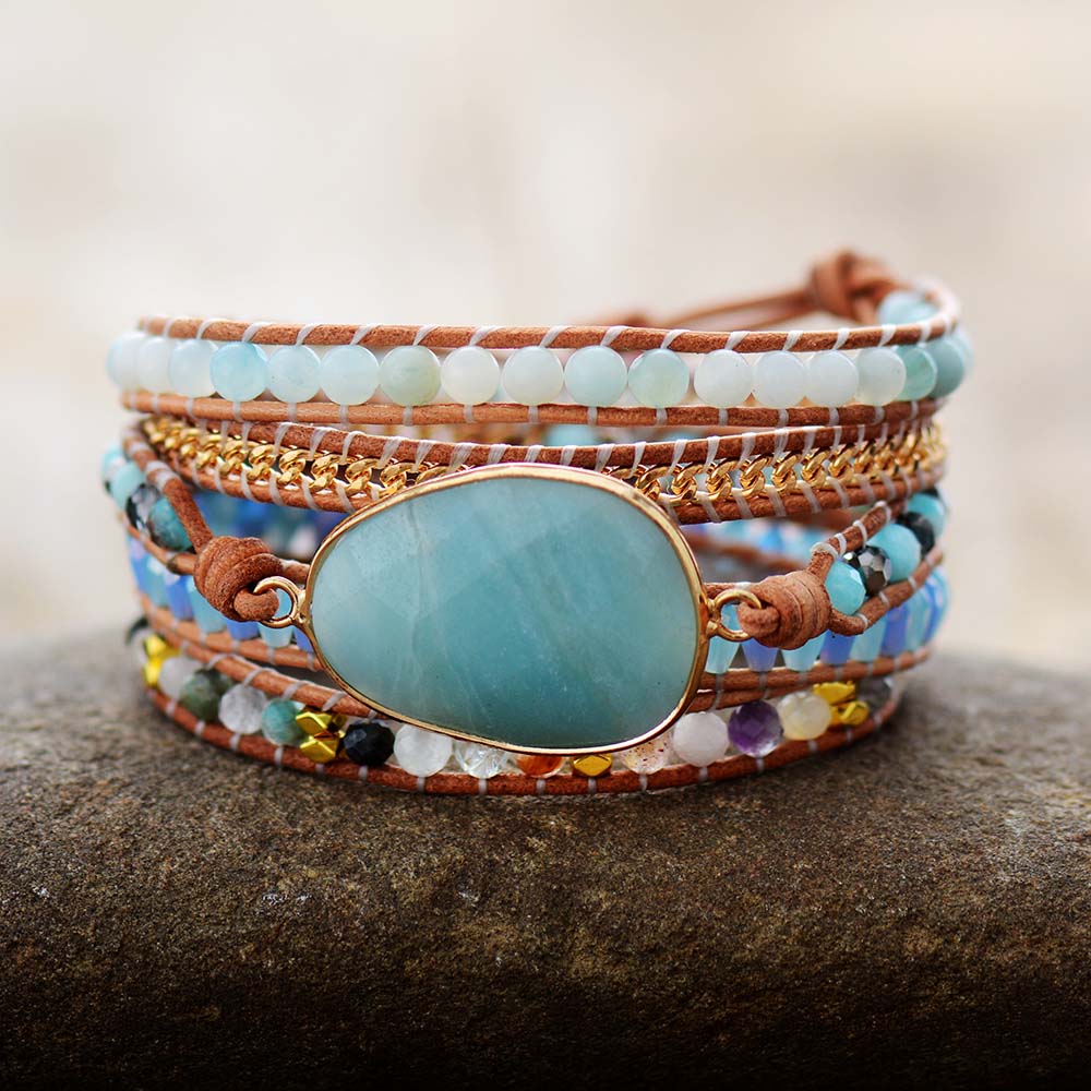 Natural Amazonite & Crystals Leather Wrap Bracelet