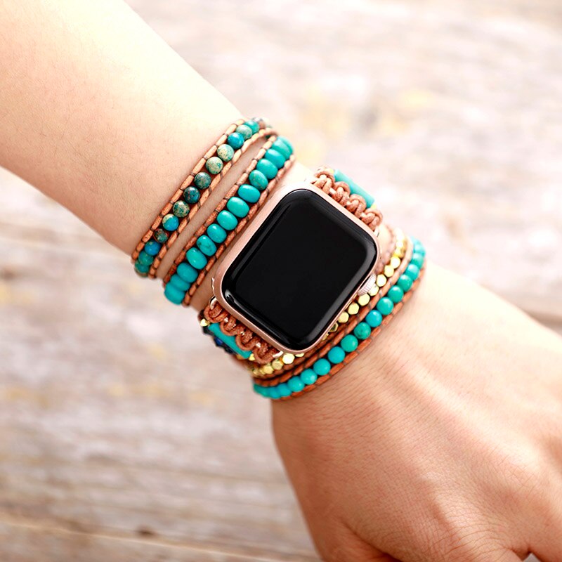 Natural Turquoise & Imperial Jasper Apple Leather Watch Band