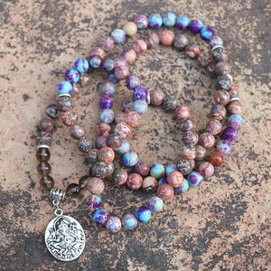 Natural Jasper & Smokey Quartz 108 Beads Mala Necklace / Bracelet with Ganesh Pendant
