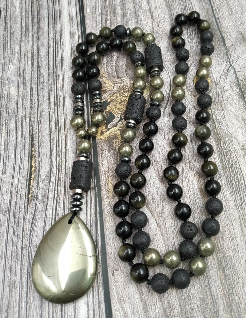 Natural Hematite, Golden Obisdian, Lava Stones & Pyrite Necklace