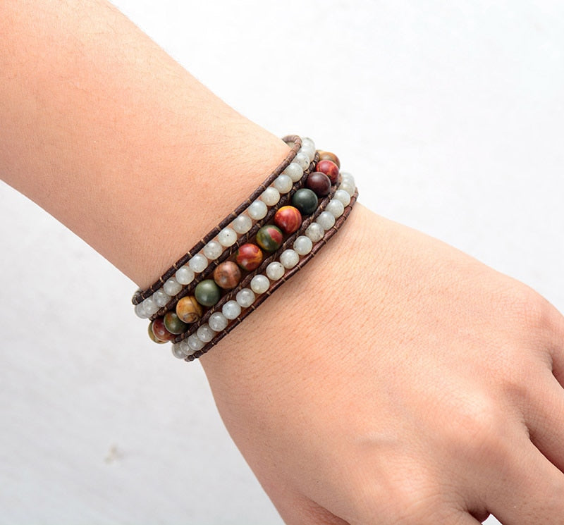 Natural Picasso Jasper & Labradorite Leather Wrap Bracelet