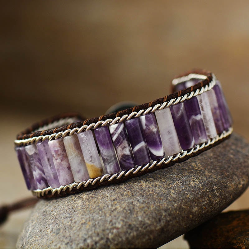 Natural Dream Amethyst & Weaving Chain Leather Wrap Bracelet