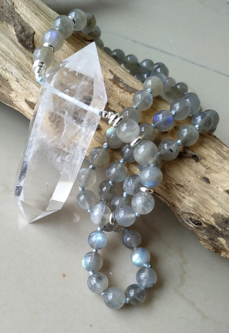 Natural Clear Quartz Double Point Pendant & Labradorite Stone Beads Necklace