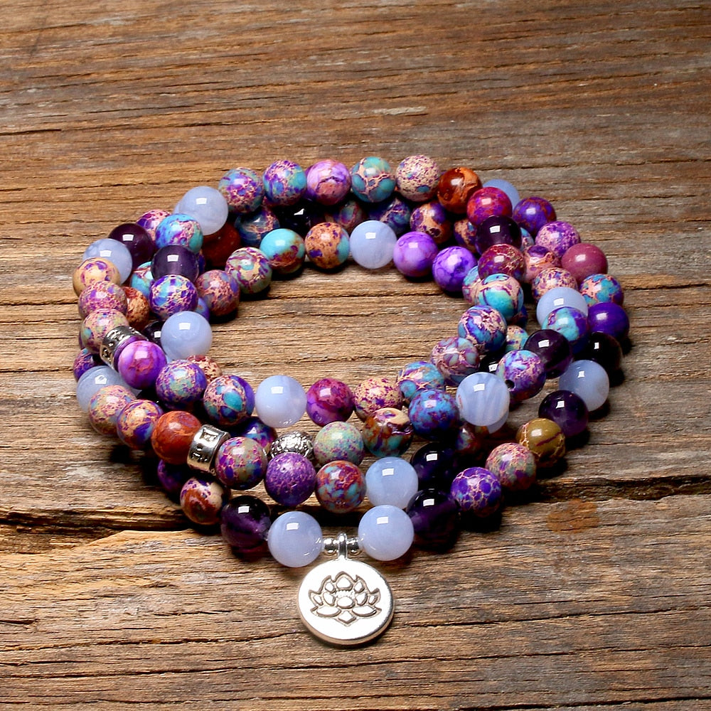 Natural Light Blue Agate, Purple Jasper & Amethyst 108 Mala Beads Necklace / Bracelet