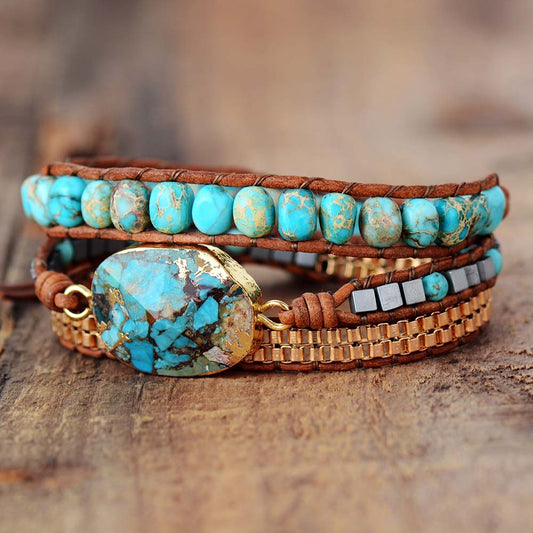 Natural Turquoise Jasper / Royal Jasper Leather Wrap Bracelet
