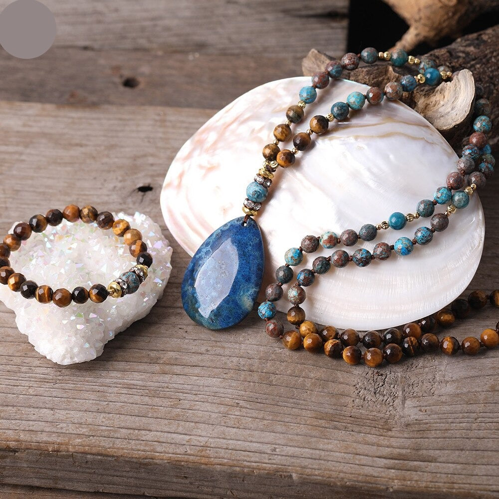 Natural Tiger Eye, Ocean Jasper Beaded Necklace with Fossil Flower Agate
