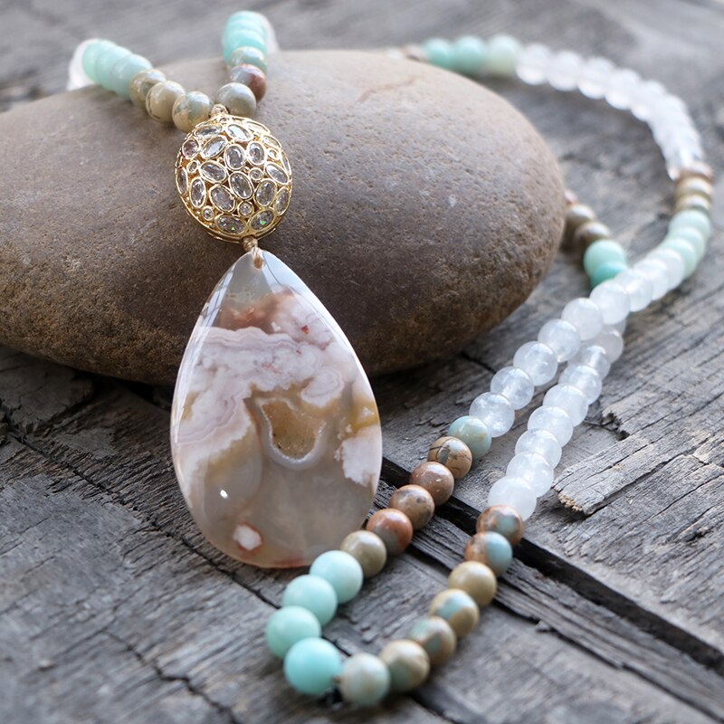 Natural White Quartz, Jasper, Amazonite & Sakura Agate Pendant Necklace